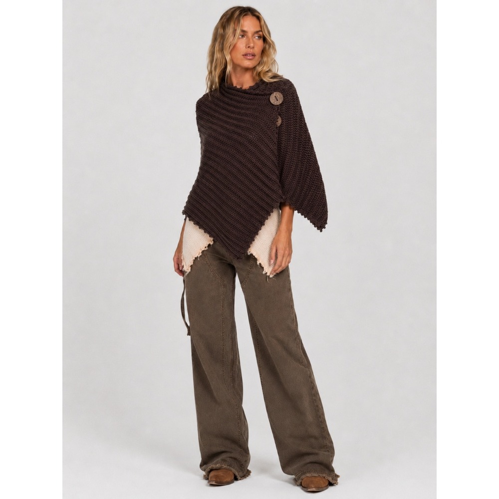 Pure Handknit Brown Cotton Crochet Button Front Poncho Wrap One Size